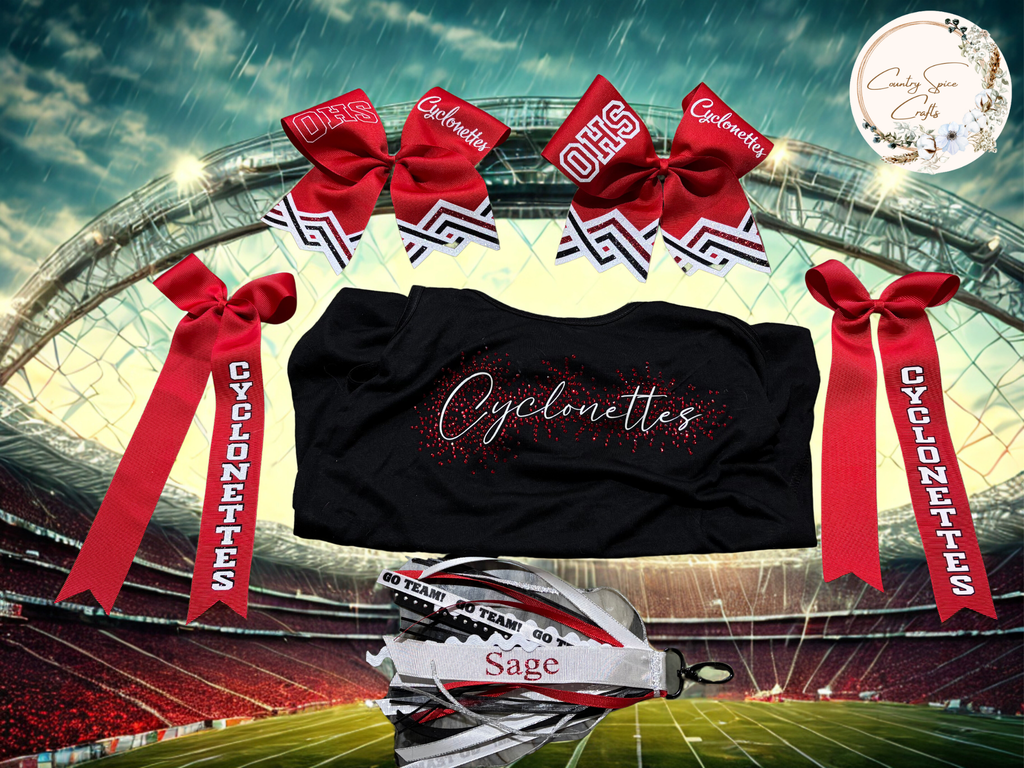 Cheer bow, collegiate bow, Rhinestone tank, and bag tag customizable options.